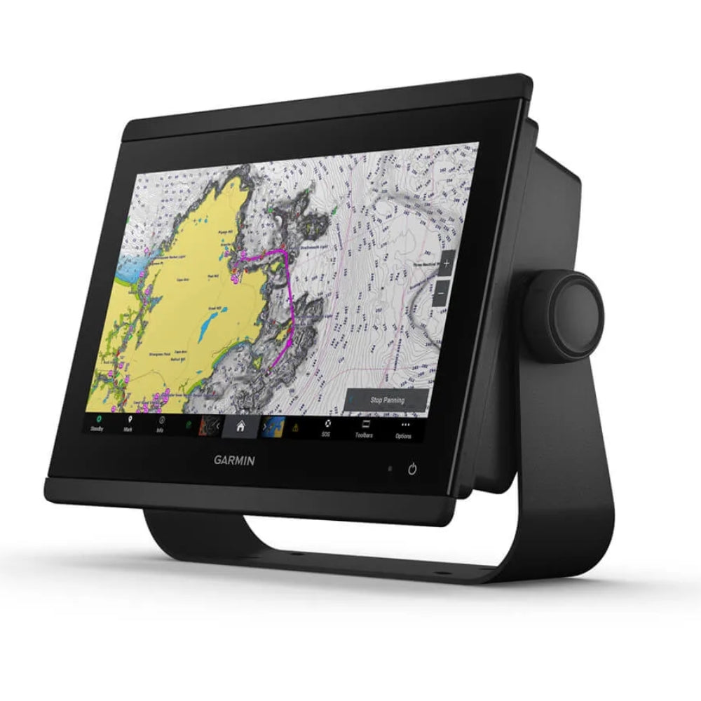 an image of a garmin nagviation GPSMAP device in the color black and is presented on a side view with a map displayed on the screen