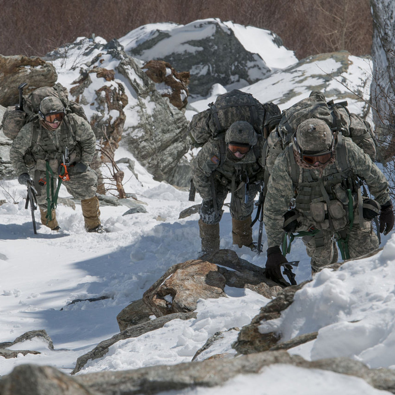 United States Army soldiers scaling the Smugglers Notch mountain pass in Vermont during Army Mountain Warfare School training in 2016
