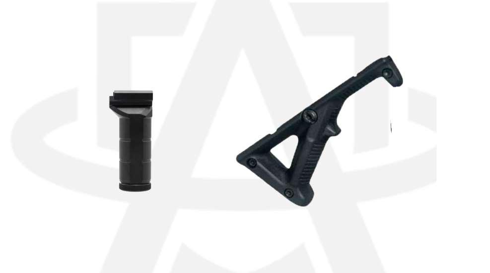 A close-up side-by-side comparison of a rifle vertical foregrip next to an angled foregrip, highlighting the distinct differences in their shapes and grip angles.