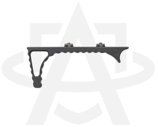 A close-up view highlighting the ergonomic design and textured grip of a strike industries angled foregrip mounted on a rifle handguard.