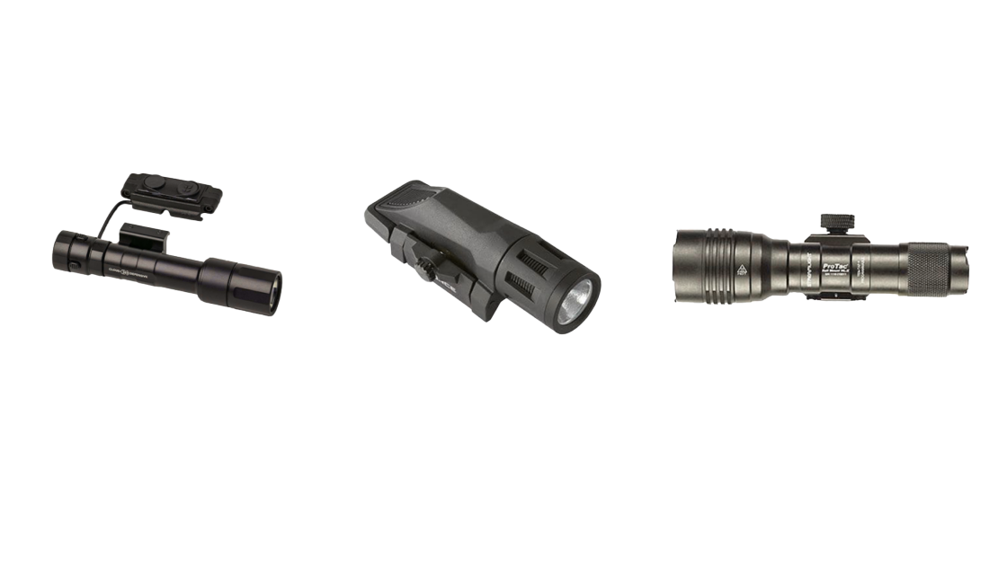 A close-up shot displaying a diverse assortment of tactical rifle lights, highlighting various models, sizes, and bezel shapes arranged side by side.