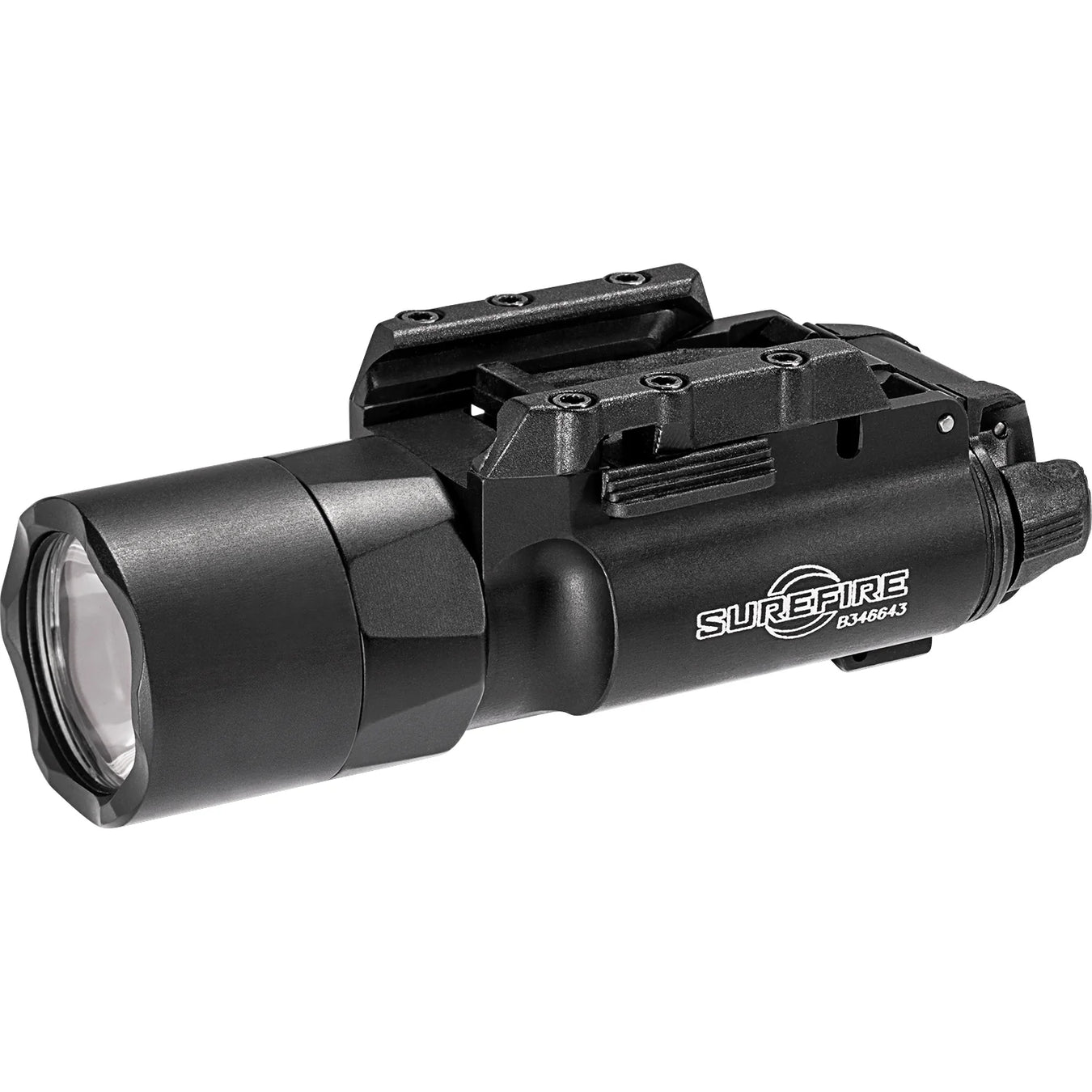 A standalone black SureFire X300 Ultra High Output Led Weapon Light, viewed from a front angle to clearly display its glass lens, durable body, and top rail mounting system.