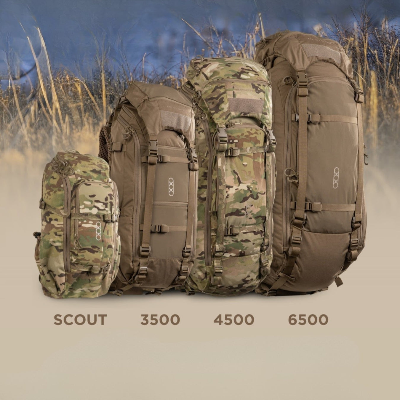 A side-by-side comparison of the Eberlestock Brute Series arranged by size from left to right, featuring the compact Scout in Multicam, the mid-range 3500 in Coyote Brown, the 4500 in Multicam, and the expedition-sized 6500 in Coyote Brown.