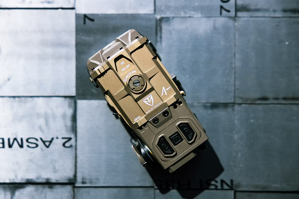 a product image of the Maztech X4-LRF weapon-mounted laser range finder featuring a compact 7075-T6 aluminum housing and integrated environmental sensors, positioned against a tactical background.