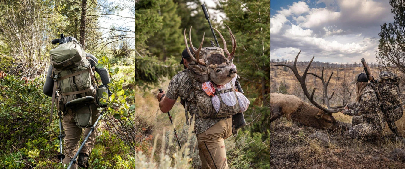 A panoramic shot showing eberlestock hunting packs in use: a hunter climbing with a Military Green Batwing, one hauling a deer with a Skye X2, and a female elk hunter wearing a Mirage Gunrunner.