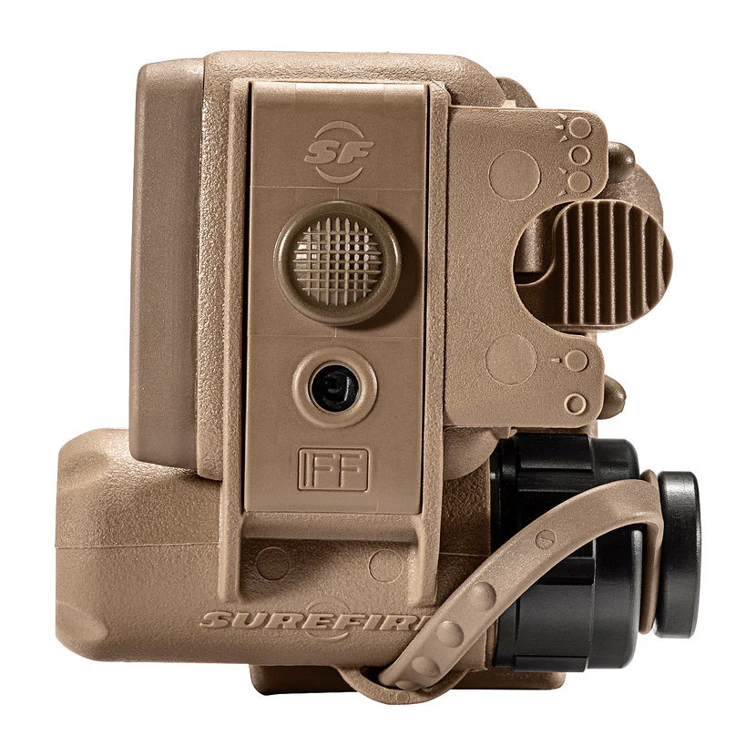 A close-up view from the back of the SureFire HL1 tactical helmet light, displaying its secure mounting interface and the compact rear housing that delivers a 48-hour runtime alongside an infrared signaling beacon.