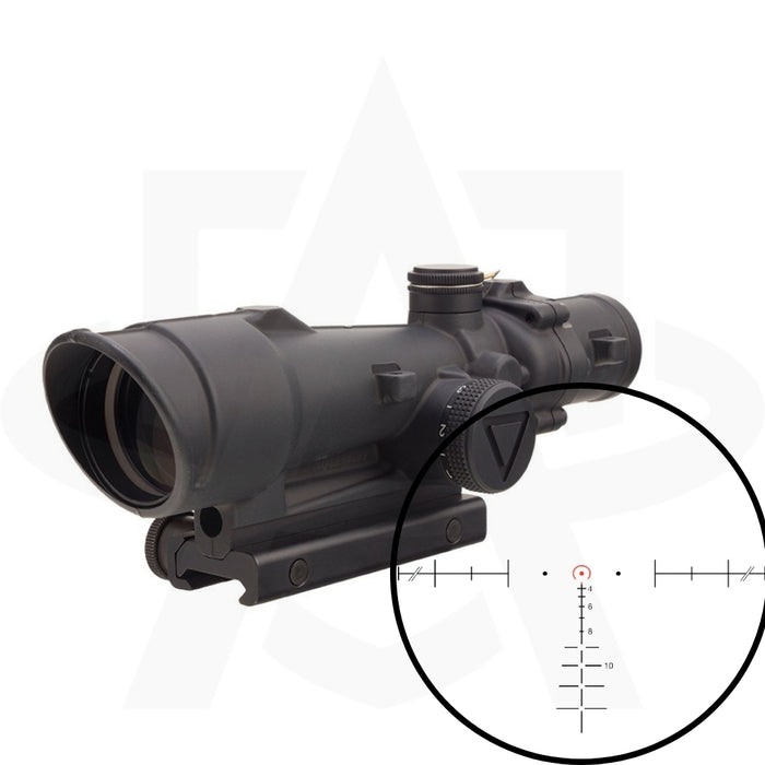 A view through the 3.5x35 led acog showing the red horseshoe dot reticle calibrated for .308 ballistic drop, featuring the rugged thumbscrew mount for reliable attachment to heavy-caliber platforms.