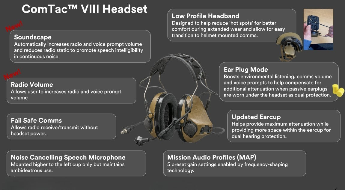 This detailed tactical infographic compares the 3m peltor comtac 8 to older models, highlighting major upgrades such as the refined Soundscape digital processing, the low-profile stainless steel headband, and the improved IP68-rated speech microphone for better voice clarity.