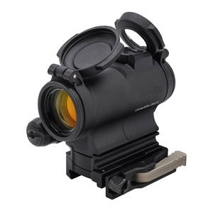 Angled view of the Aimpoint Comp M5s with its flip-up lens covers open and the advanced optical lens fully visible.