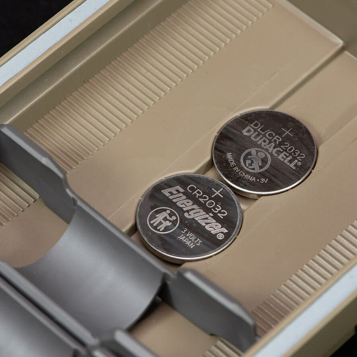 CR2032 Batteries in built-in wells of the CellVault-5M Modular Battery Storage Case
