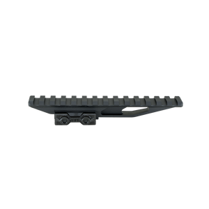 a product imager of the DOT Dorm EXT in the color black and is on a side view featuring the mounting grin on top of the product where the holographic sight sight or whatnot will be placed, and also showcasing the clap side of the product where it will be used to attached the item on the rifle.