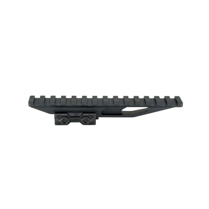 a product imager of the DOT Dorm EXT in the color black and is on a side view featuring the mounting grin on top of the product where the holographic sight sight or whatnot will be placed, and also showcasing the clap side of the product where it will be used to attached the item on the rifle.