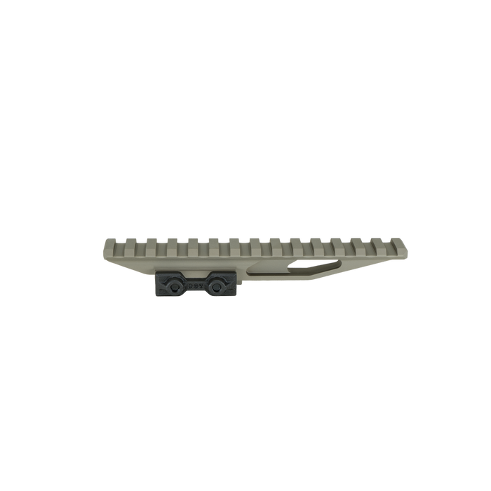 the image showcases the DORM EXT in the color FDE and shows the full view of the product and on the clamp side where we can se the mounting ridges where the sight or the scope will be placed and the clamp that is used to attach the extension mount on the user's rifle