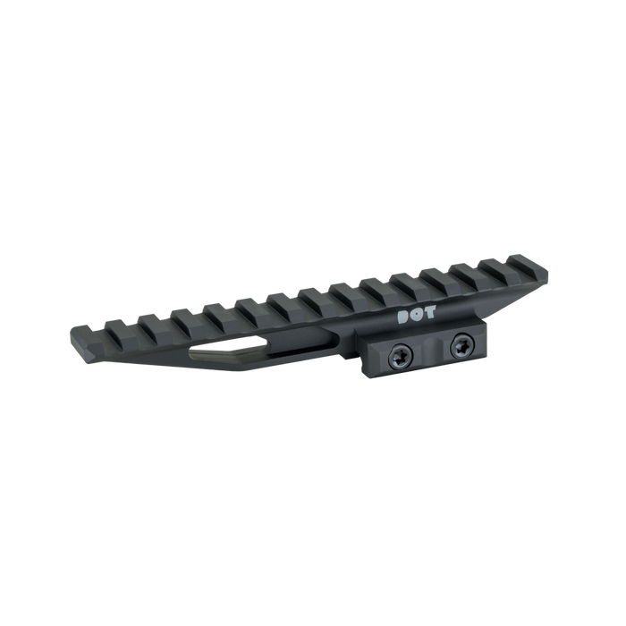 the image showcases the DOT Dorm EXT in the color black and is positioned in an angle that showcases the left side and parts of the topside of the item itelf. in the image, we can see the DOT logo branded on the side and also the mounting screws of the items that will be used to mount and lock it in on the user's rifle.