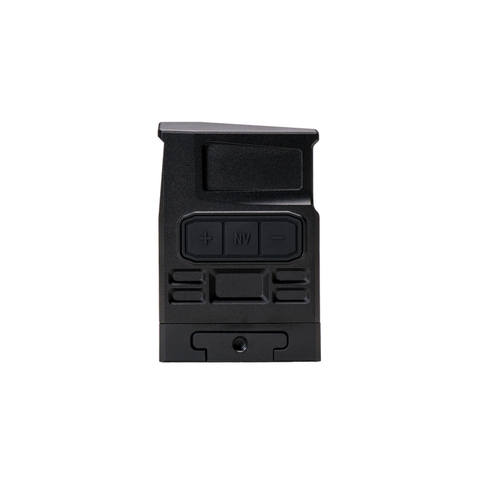an image of the DOT EHS-1 L holographic sight in the color black is presented on its left side where we can see the adjustment dials and the ide ridges that provide more grip on the item, and we can also see the item's  clamp are where the holographic sight is clamped or mounted on a riser directly on the user's rifle.