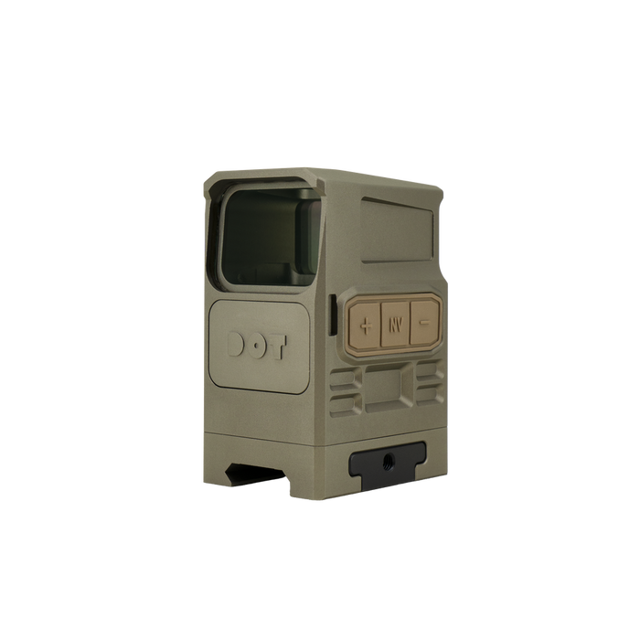 the image showcases the DOT EHS 1 - L Holographic Sight in the color FDE and is presented in the front left view where we can catch a glimps of both the sight box and logo in front, and the left side adjustment dials of the holographic sight.