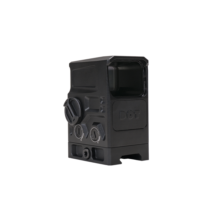 the image showcases the DOT EHS 1 L Holographic Sight in the color black and is presented in the front right isometric view wher we can clearly see the sight box and the DOT logo branded right below it, and also a view of the dials and the adjustment knows that is placed on the right side of the holographic sight. 