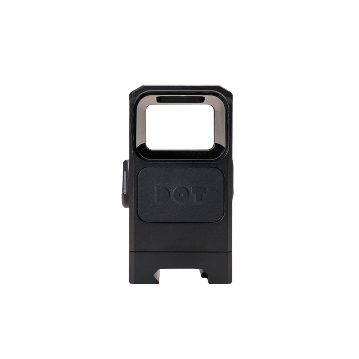 the image presents the  DOT EHS 1 L Holographic Sight in the color black and is showcased in its front view where we can see the sight box and the DOT logo that is branded right below it and as well as the mounting slot in the bottom where the holographic sight will be mounted on the user's rifle.