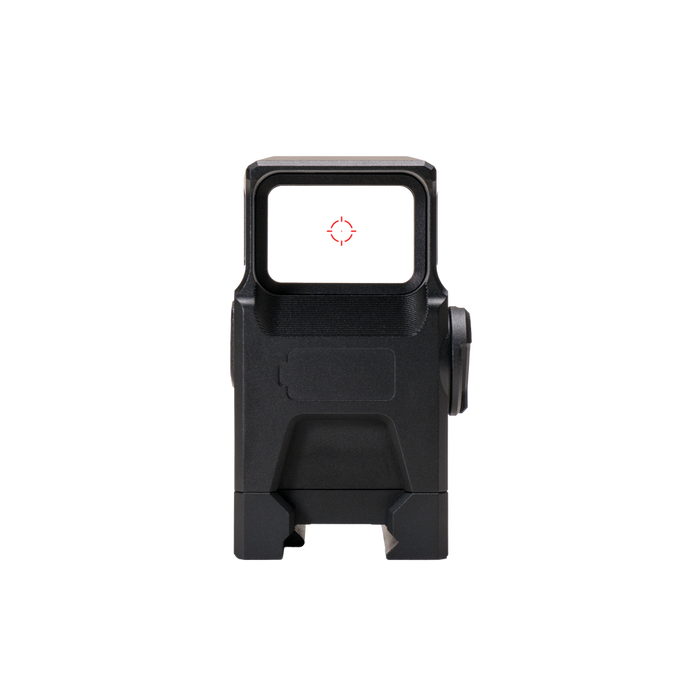 the image showcases the dot ehs 1 L holographic sight in the color black and  presenting the item in its rear view where we can see the sight hole and the red dot sight in the middle, the battery branding which indicates where the battery of the sight is being placed and also the bottom ridges where the holographic sight willbe mounted on the user's rifle. 