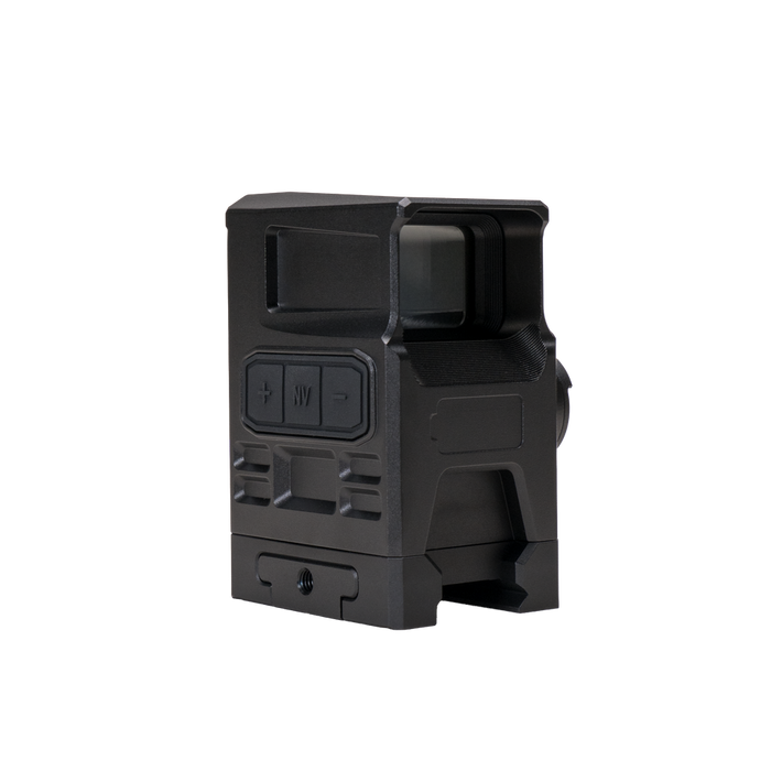 the image showcases the DOT EHS-1 L Holographic Sight in the color black and is presented in the rear left view of the item where we can see the eye hole that features a glass where the user uses to peak through and on the left side is the adjustment dials and grip ridges of the item.