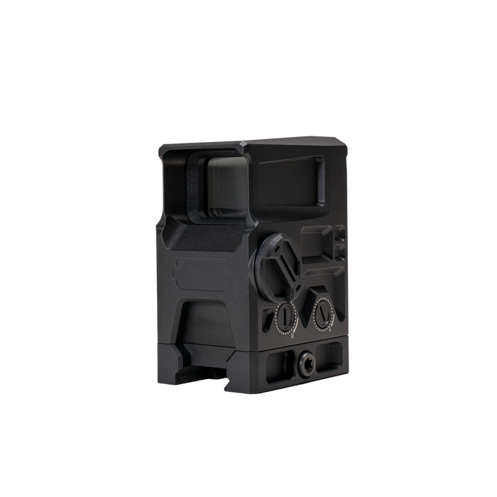 the image showcases the DOT ehs 1 L holographic sight in the color black and is being presented in the right rear view where we can see the dials and adjustment knobs on the right side of the item, and also the mounting screw on the right bottom that will be used to mount the holographic sight of the useer's rifle. 