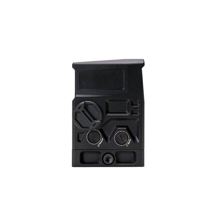 the image showcases the DOT ehs 1 L holographic sight in the color black and is being presented in its right side where we can see ridges and rials, as well as the adjustment knobs for the holographic sight, and on the bottom right part we can also see the screw in which clamps the holographic sight to the user's rifle. 