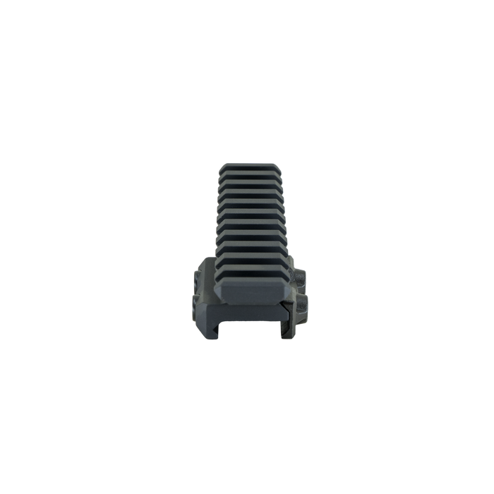 The image showcases the DOT delta optic riser mount in black, presented in a rear view, showing the back portion of the clamp and the ridges of the mounting area on top of the item.