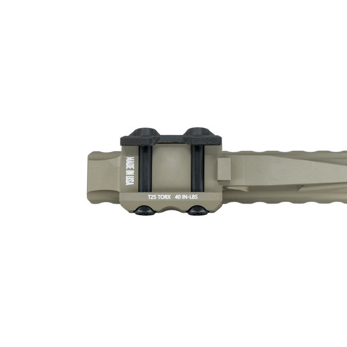 the image showcases the delta optic riser mount in the color FDE or flat dark earth and it showcases the bottom part or the part in which that the riser mount is clamped on the user's rifle. 
