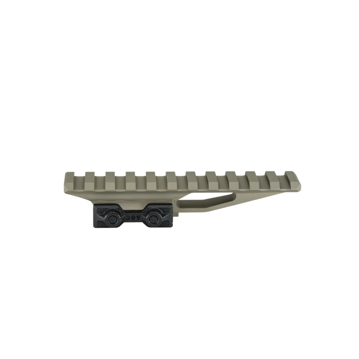 the image shows us a full view of the delta optic riser mount in the color FDE or flat dark earth and we can see a full view of the item itself, from the clamp that attaches is on the user's rifle, and then to the mounting ridges on top of it where the holographic sight or scope or whatever the user may need will be mounted on it.
