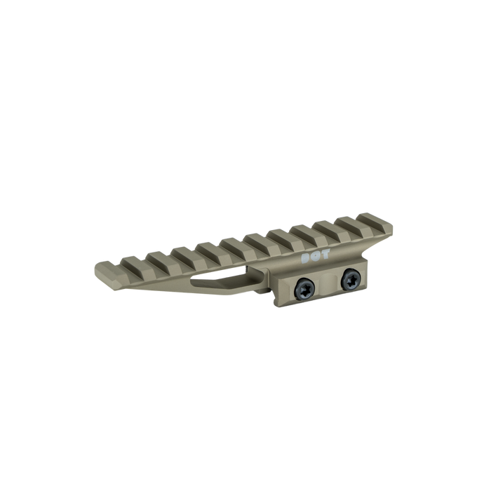 The image shows us an isometric front view of the delta optic riser mount in the color flat dark earth and is showcasing the camping bolts that will be used to attach the optic riser mount to the user's rifle, and the image also gives us a vague idea of the mount's length. 