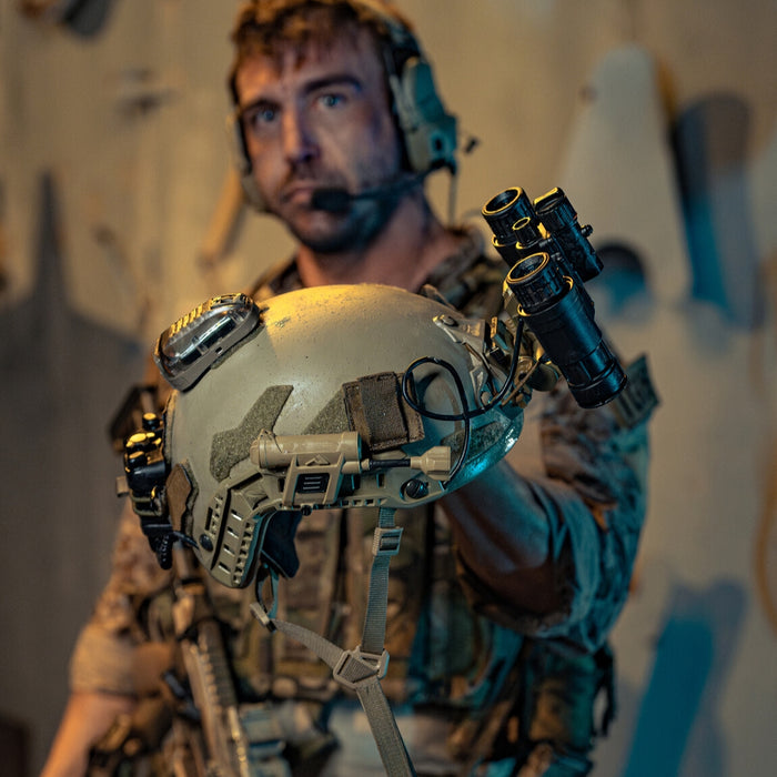 The Ops-Core FAST SF Gen 2 Helmet w RAILINK Power and Data ARC Rails & Railink Switch MPLS, Hel Star 6 Multi functional light and PVS-31A