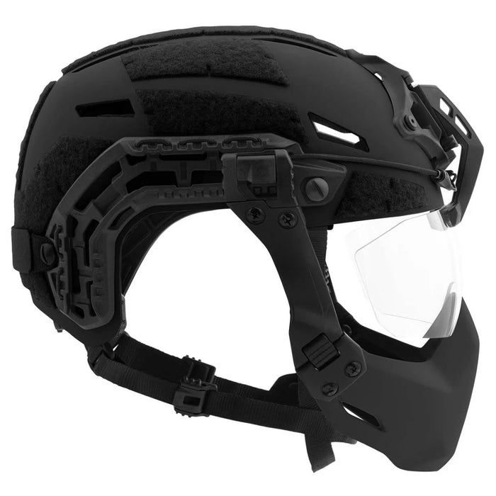 Left side view of the Galvion Caiman Bump Mandible in black, attached to the Caiman Bump Helmet and Fixed ARM Visor.