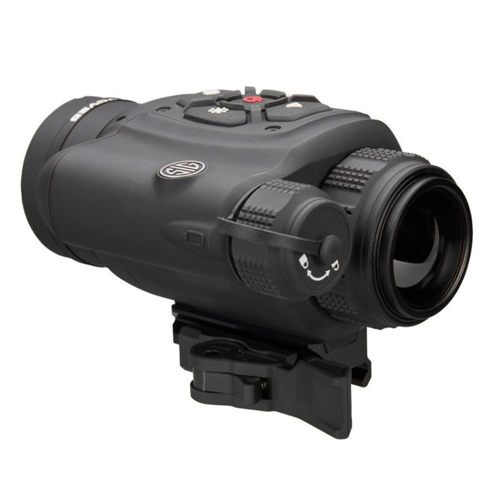 Left side angled view of the Sig Sauer Thermal, with its battery compartment in the foreground.