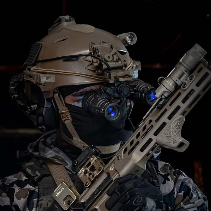 Operator using the Nocturn Industries Katana R attached to a Wilcox G24 and Team Wendy Exfil Ballistic SL