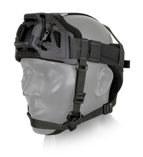 the ops-core night operation mounting and deployment system placed on a head manikin to how how it would fit when it is worn