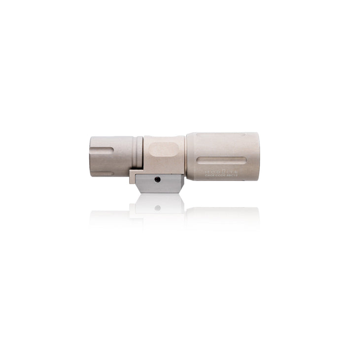 an image of the modlite pdw350 light in the color FDE where the image is situated in the middle of the photo against a white background, and is positioned horizontally as if it is sitting on its side, and the image is clear enough to see the texture and the hexagon design of the item.