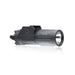an image of the PL350 in the color black and has the OKW V2 light head where it is angled that you can see the right side of the item where the brand name and the words "dual fuel" is branded on it in white and we can see the attachment partition that attaches this light on a pistol.