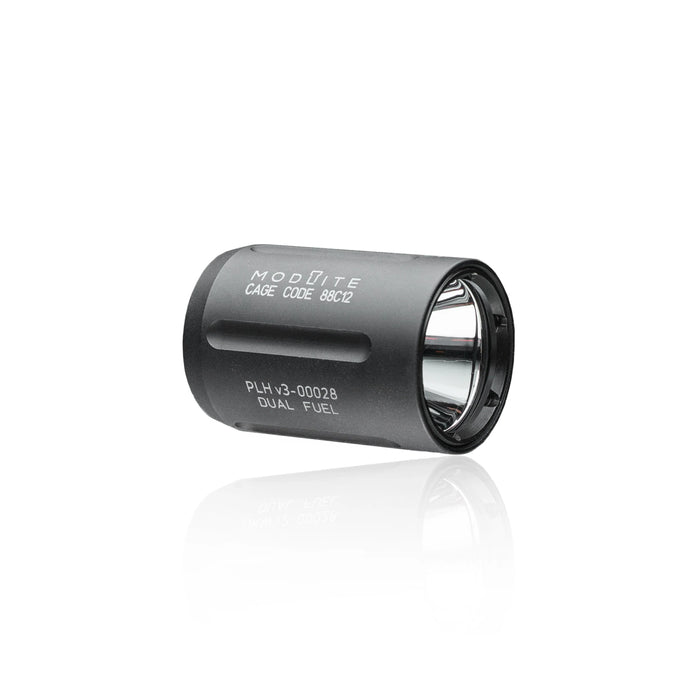A product image of the cylindrical flashlight head labeled in the color black and is placed in the middle of the photo and with the words "Modlite" and what seems to be the product code branded in white on its sides and showing only "Dual Fuel" indicating that it is the single output variant.
