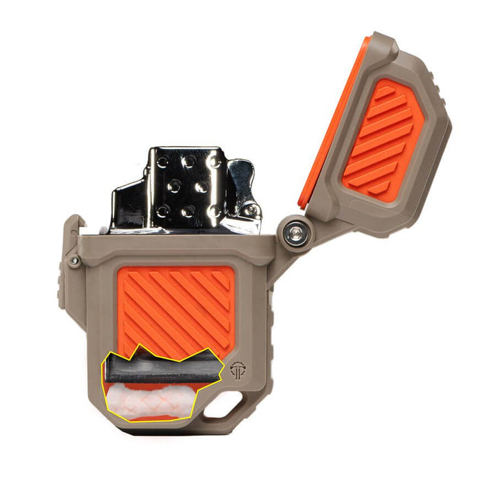 Cutaway showing the placement of Tinder-Quik firestarter inside a PyroVault 2.0 Lighter Armor with a mounted insert.