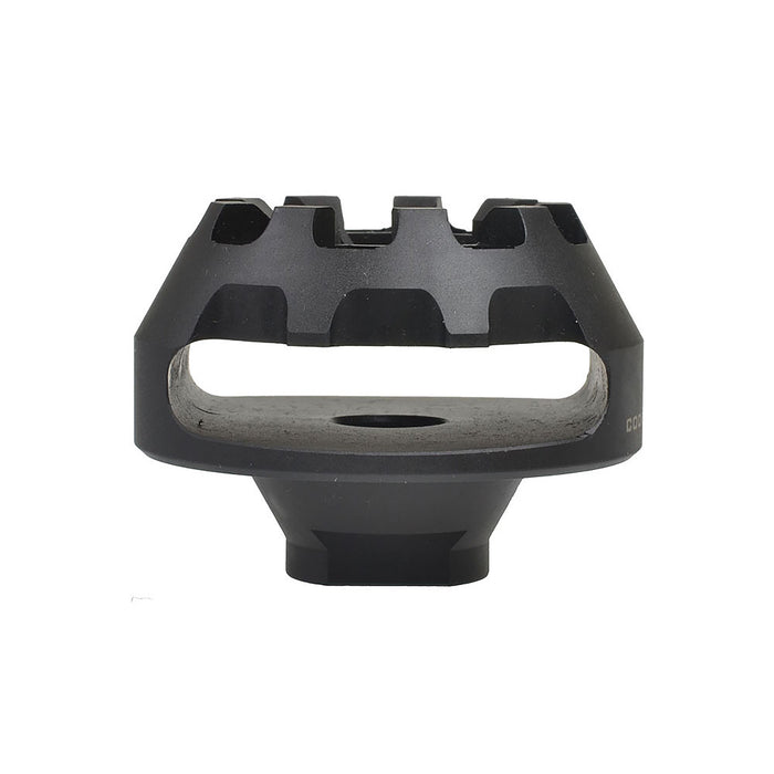 Side view of the cookie cutter muzzle; it's advised to consider the people around you when shooting so as not to harm them.