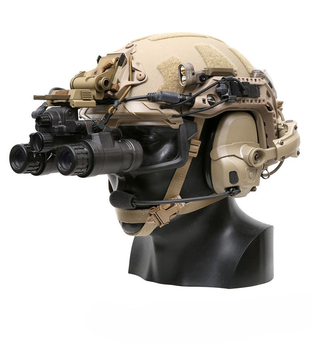 Side view of the Ops-Core RAILLINK Enabled FAST SF Helmet System with an AMP Headset and SureFire® HL2-A Light