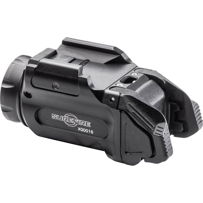 The Surefire XC3-B weapon light presented in a rear angle view that shows part of the right side that has the brand name and the product code branded on to it and the slope ridge of the back part of the weapon light that allows it to fit well on the underside of a pistol