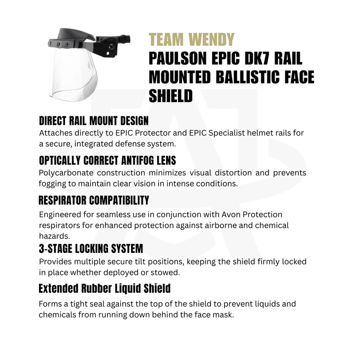 Team Wendy Paulson EPIC DK7 Rail Mounted Ballistic Face Shield - Ballistic Riot Face Shield w/ Optically Correct Antifog Lens