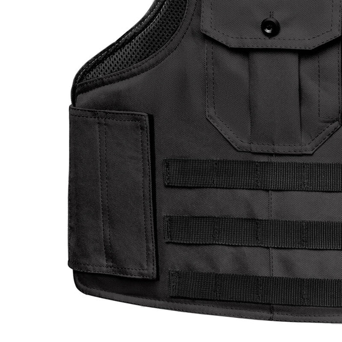 A close-up shot showing the tactical molle webbing rows on the black safe life tactical uniform shirt carrier, used for mounting extra equipment pouches directly to the vest without reducing mobility.