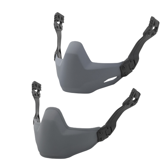 A close-up view from a slightly tilted angle showcasing a pair of grey Caiman ballistic mandible guard units, displaying their sleek, protective design and mounting arms.