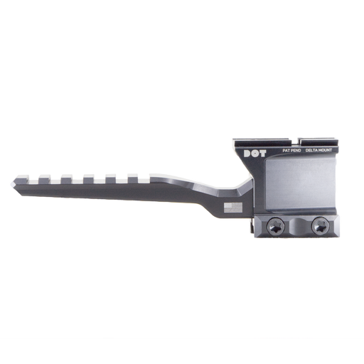 A close-up view of a black aiming system, featuring the black DOT ACRO Mount Diving Board secured directly to a matching black optic.