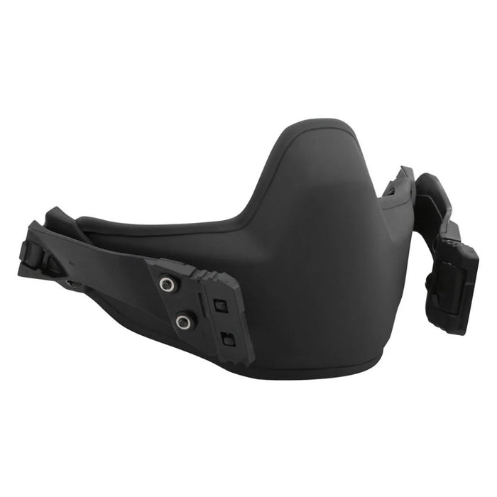 A close-up view of a black Ballistic Mandible Guard, specifically displaying the detailed slide, latch, and lock system used for quick and secure helmet attachment.