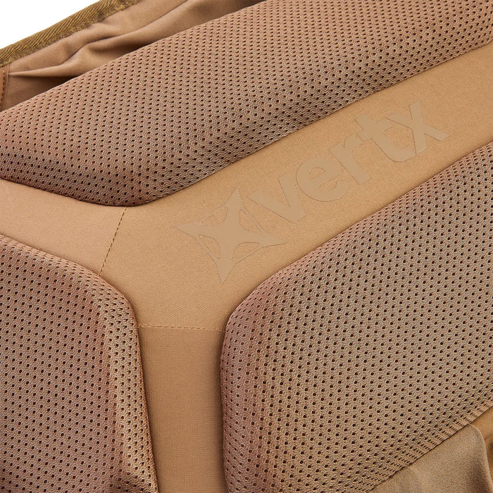 A close-up view of the Vertx Siege 25L tactical backpack features a breathable mesh back panel designed to increase airflow and comfort during extended wear.