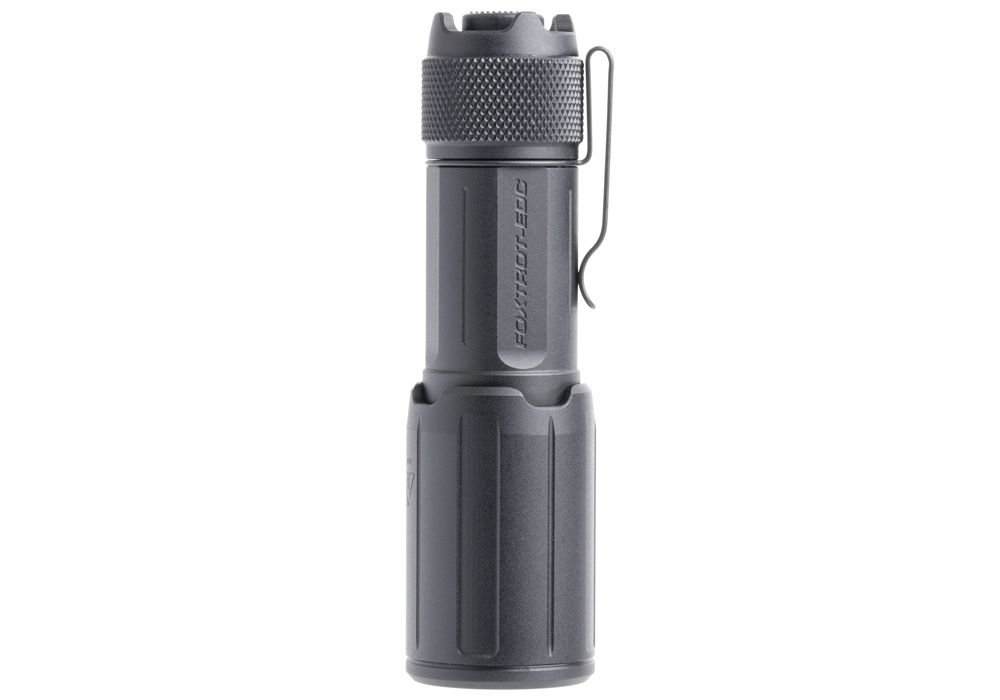 A detailed close-up highlights the rugged aluminum bezel and premium construction of the Sig SOFEC001 model flashlight.