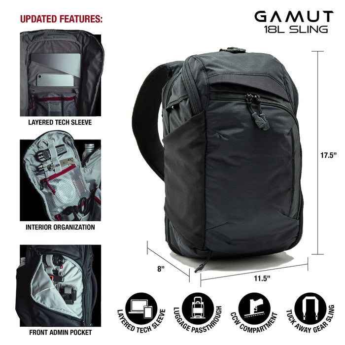 A detailed infographic breakdown showing the exterior dimensions and key internal features of the Vertx Gamut 18L Sling Pack, highlighting its 17.5-inch height and organized layout.